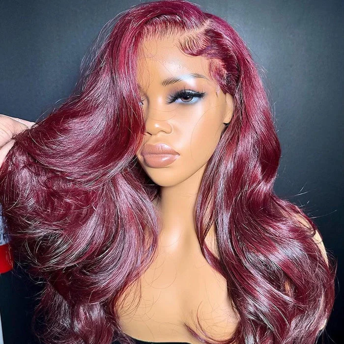 Colored wig with a straight texture for a sleek and minimalist lookBurgundy Wig 4x4/13X4 HD Lace Frontal Body Wave Wigs 99J Colored Pre-Plucked Remy Human Hair Wigs