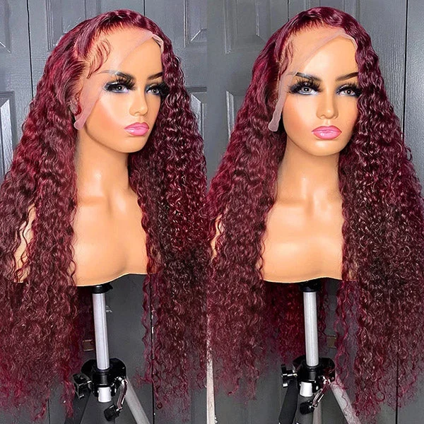 Human - hair wig with a wavy texture for a beachy and relaxed look99J Burgundy Lace Wig Curly 13x4 Frontal Lace Wigs Pre Plucked Human Hair Wigs