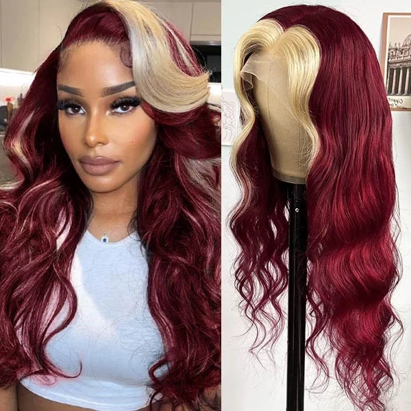 Human - hair wig with a side - swept bang for a sophisticated look13x4 Lace Front Wigs Body Wave HD Transparent Lace Wigs 99J Burgundy with 613 Blonde Highlight Wigs