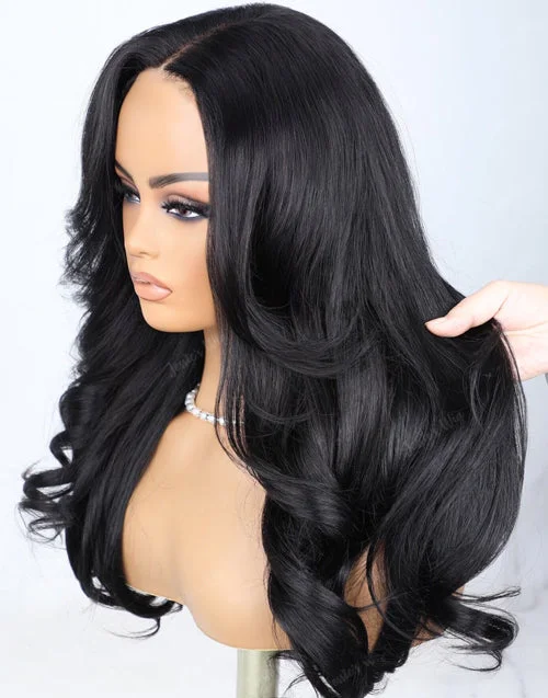 Lace wig with a silk - base cap for a comfortable and smooth feelCharming Layered Wavy Wig With Bangs Glueless 9x6 Pre Cut HD Lace Human Hair Wigs