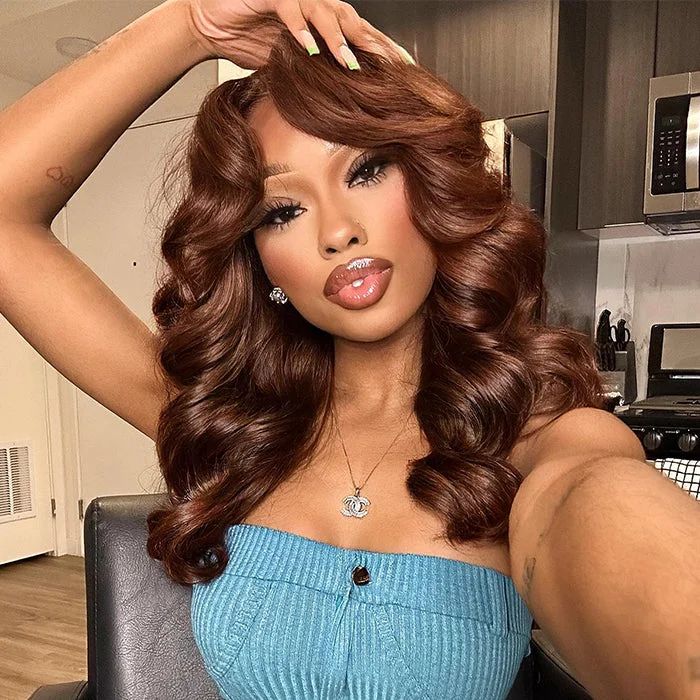 Colored wig with a pre - bleached knot for a natural - looking scalpChestnut Brown 13x4 HD Lace Layered Cut Wig Butterfly Cut Body Wave Human Hair Wigs