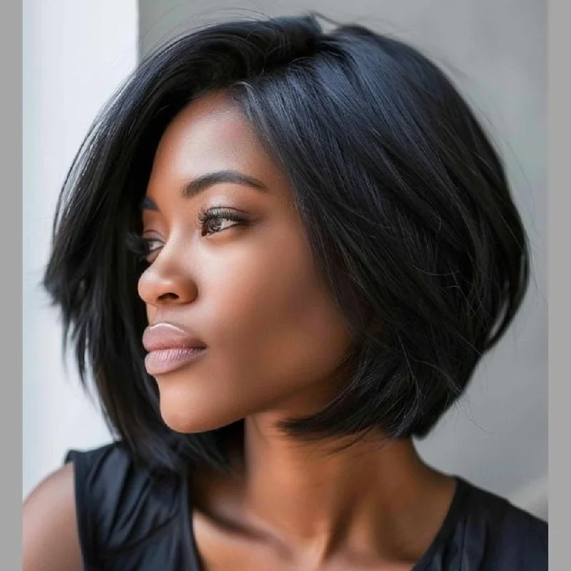 Lace wig with a straight texture for a sleek and minimalist lookChic Natural Black Layered Cut Bob Lace Closure Wig