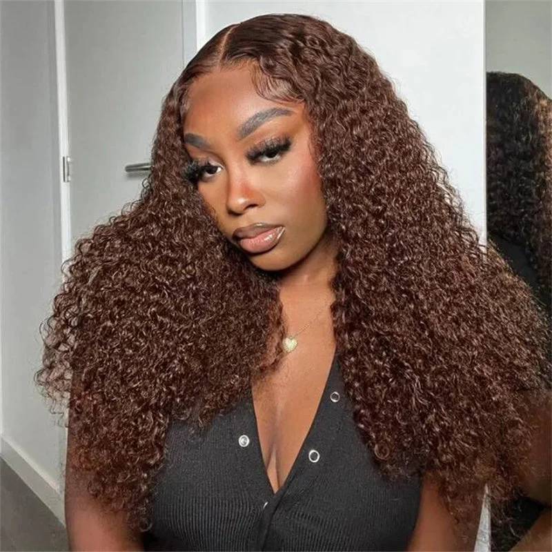 Colored wig with a pre - bleached knot for a natural - looking scalpChocolate Brown Kinky Curly Lace Front Wig Human Hair 13x6 Transparent Lace Frontal Wigs 180% Density