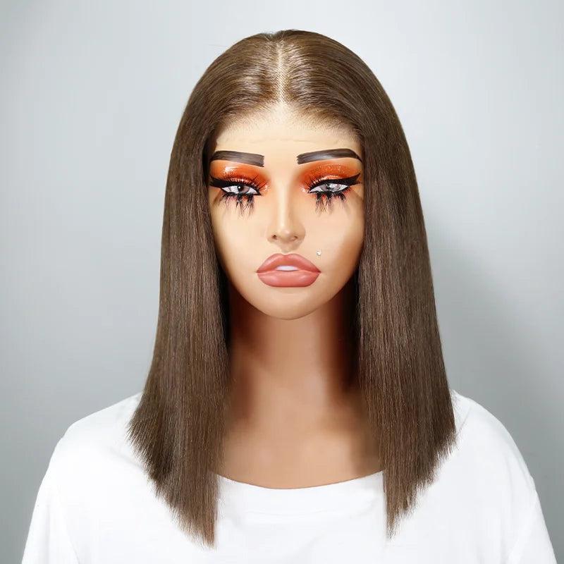 Lace wig with a natural - looking root for a more realistic look7x5 Pre-Pluck Chocolate Brown Colored Glueless Bob Wig Straight Human Hair