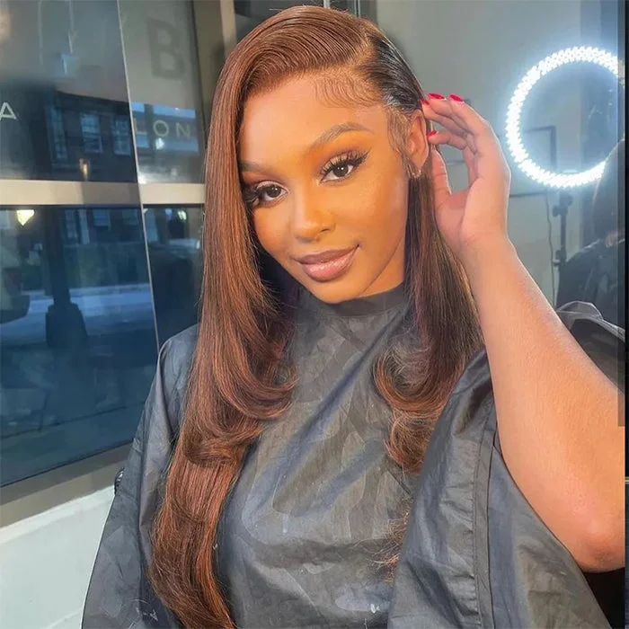 Colored wig with a side - part for a more flattering appearanceChocolate Brown Colored Layered Cut 13*4 HD Lace Front Wigs With Pre-plucked Hairline Human Hair Wigs