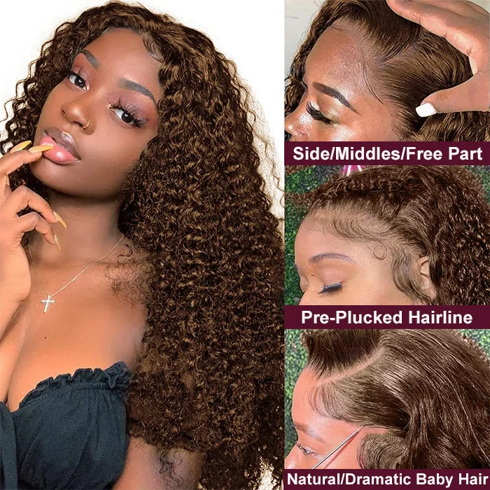 Malaysian - human - hair wig with a smooth and silky texture#4 Chocolate Brown Deep Wave Curly Glueless Wig Fall Hair Trends