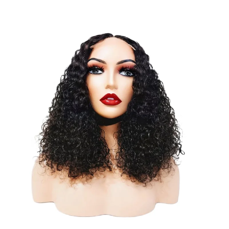 Human - hair wig in a jet - black color for a classic and timeless lookBrazilian Curly Mid Part Human Hair Lace Front Wig (12")