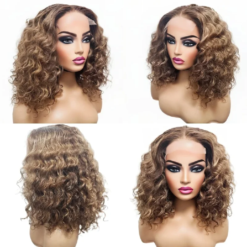 Human - hair wig with a straight texture for a sleek and minimalist lookBrazilian Balayage Blonde Curly Human Hair Lace Front Wig- 14"