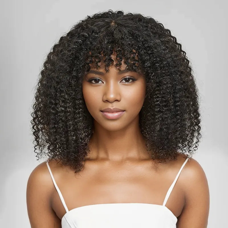 Human - hair lace wig for a luxurious and natural feelFor Beginners Glueless Kinky Curly Wear Go Bob Wig With Bangs