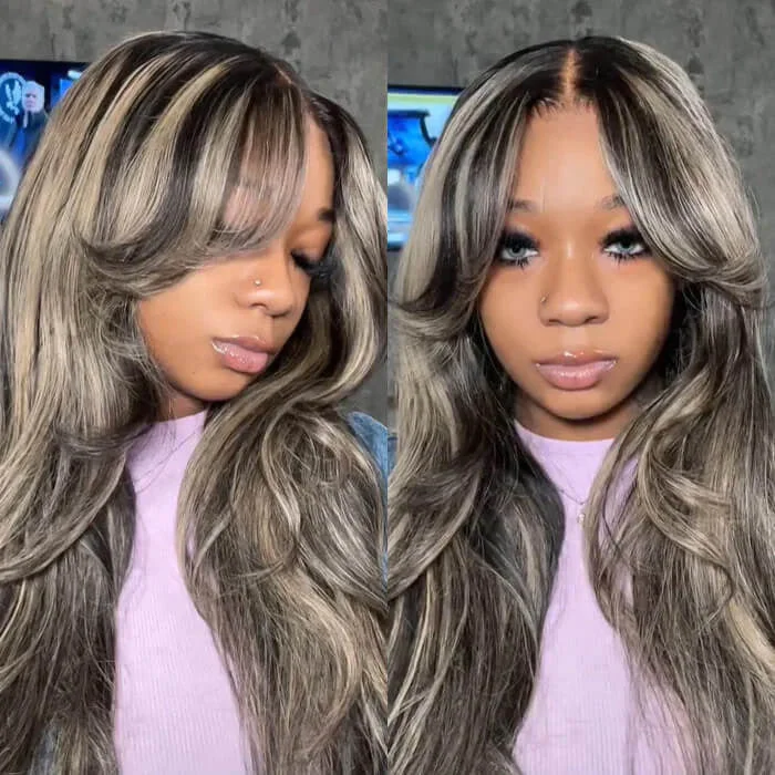 Colored wig with a silver - grey color for a trendy and cool - toned lookGlueless Curtain Bangs Body Wave Pre Cut HD Lace Wig Butterfly Hair Cut Highlight Honey Blonde Wig