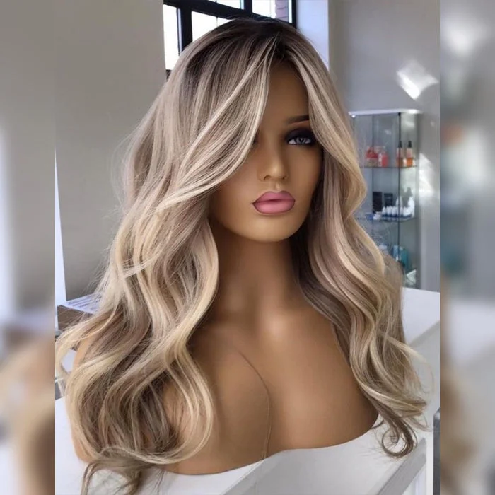 Colored wig with a side - part for a more flattering appearanceCurtain Bangs Ash Blonde Balayage with Dark Brown Roots Ombre Wig HD Lace Body Wave Human Hair Wigs