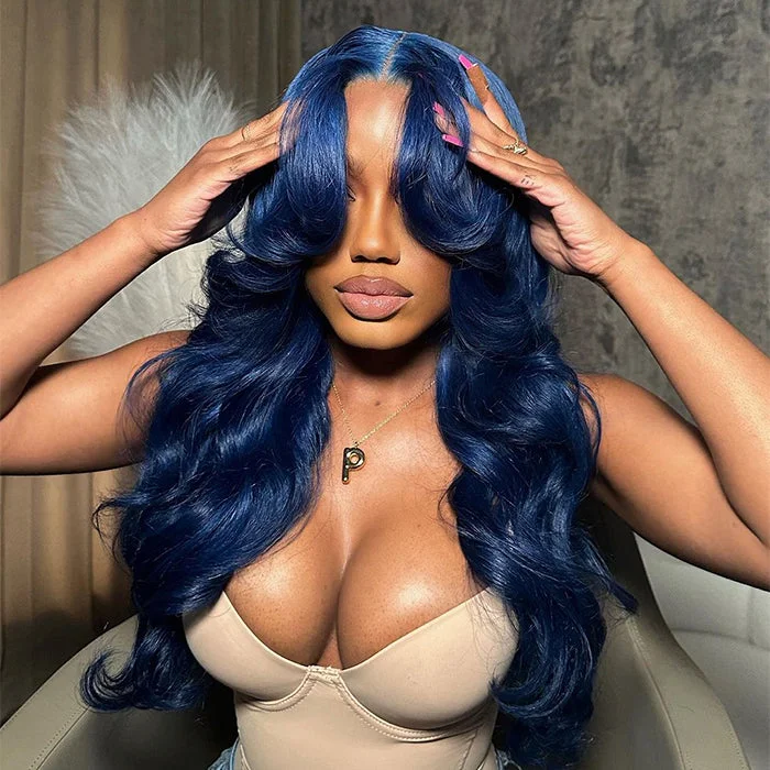 Colored wig with a purple - violet shade for a regal and elegant lookCurtain Bangs Body Wave Human Hair Wig Gorgeous Blue 13x4/5x5 HD Lace Closure Human Hair Wig