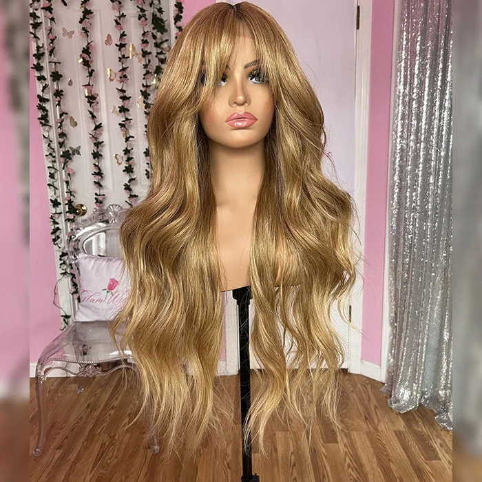 Colored wig with a pre - plucked hairline for a more natural lookCurtain Bangs Honey Blonde Body Wave Human Hair Wig 13x4/5x5 HD Lace Closure Human Hair Wig