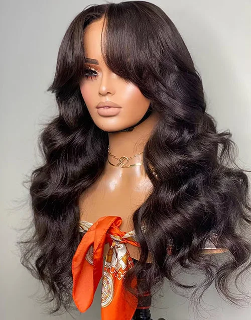 Adjustable - cap lace wig for a comfortable fit7X5 Curtain Bang Wig Loose Wavy 13x5 Pre Cut Lace Glueless Human Hair Wig