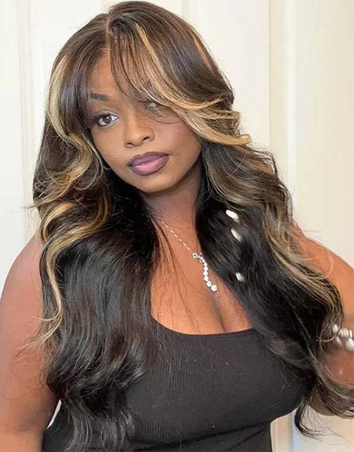 Lace wig with a platinum - blonde color for a bold and trendy lookCurtain Bangs Mixed Honey With Black Loose Wavy 13x5 Pre Cut Lace Glueless Wig