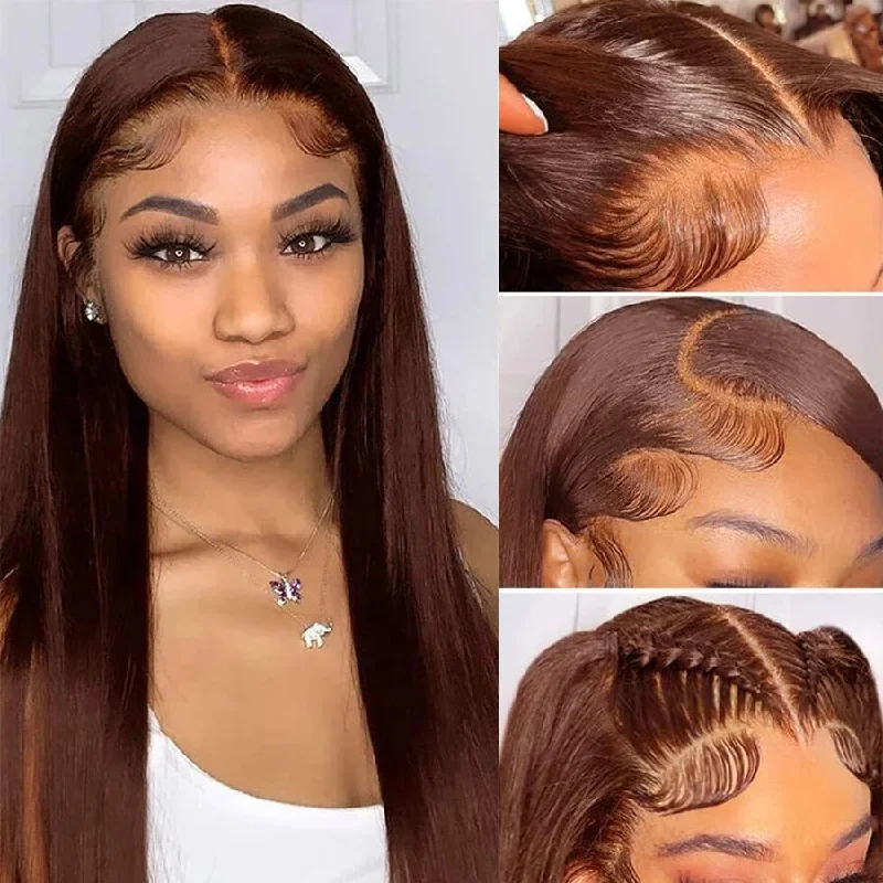 Colored wig with a pre - bleached knot for a natural - looking scalpDachic Hair 13x4 33# Auburn Colored Glueless 13x4 Lace Front Human Hair Wigs Straight Frontal Wigs 200%