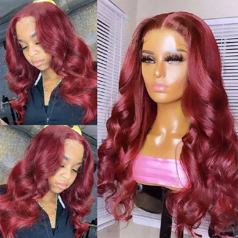 Colored wig with a curly texture for a bold and stylish choiceDachic Hair 13x4 Lace Front Human Hair Wigs Body Wave Reddish Burgundy Colored Frontal Wigs 180%