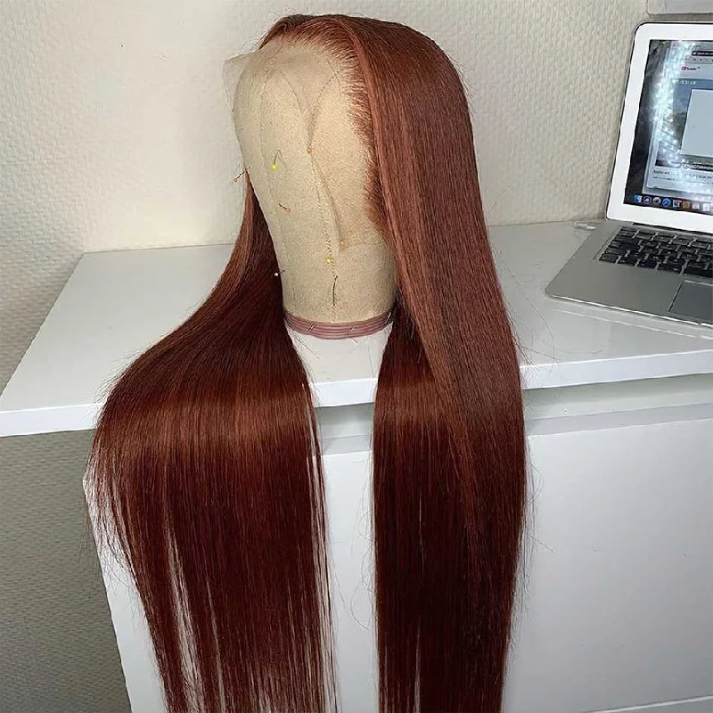 Colored wig with a 150 - density for a full and thick appearanceDachic Hair 13x6 33# Auburn Colored 13x6 Lace Front Human Hair Wigs Bone Straight Frontal Wigs