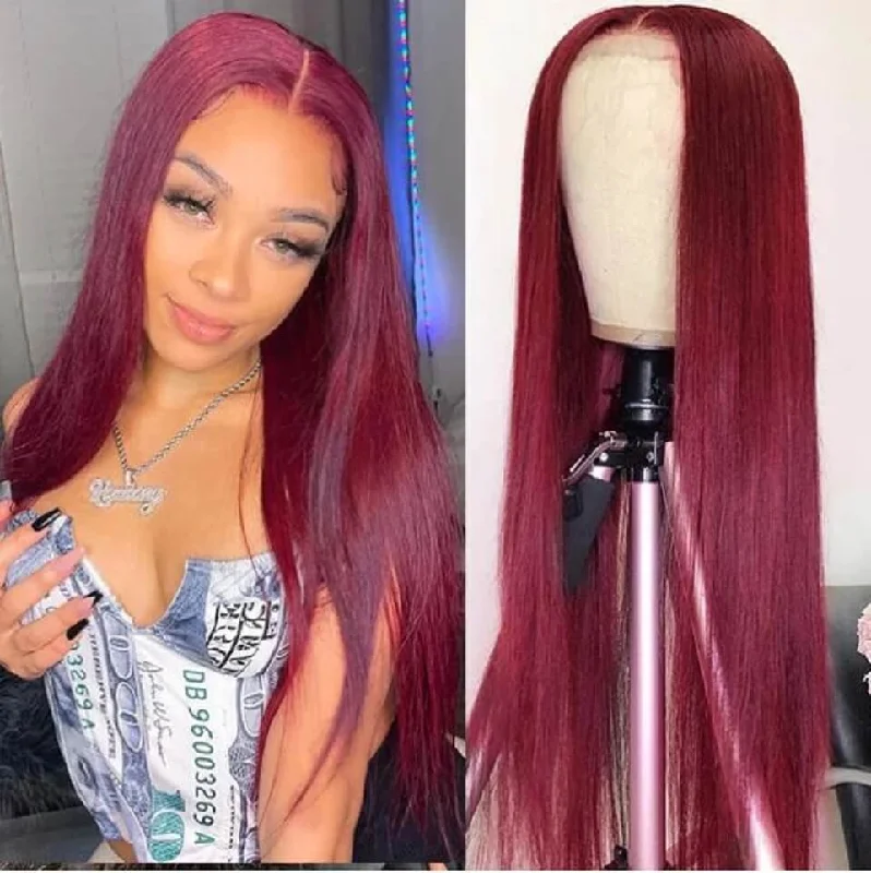 Colored wig with a silk - base cap for a comfortable and smooth feelDachic Hair 13x6 Lace Front Human Hair Wigs 99J Colored Bone Straight Frontal Wigs