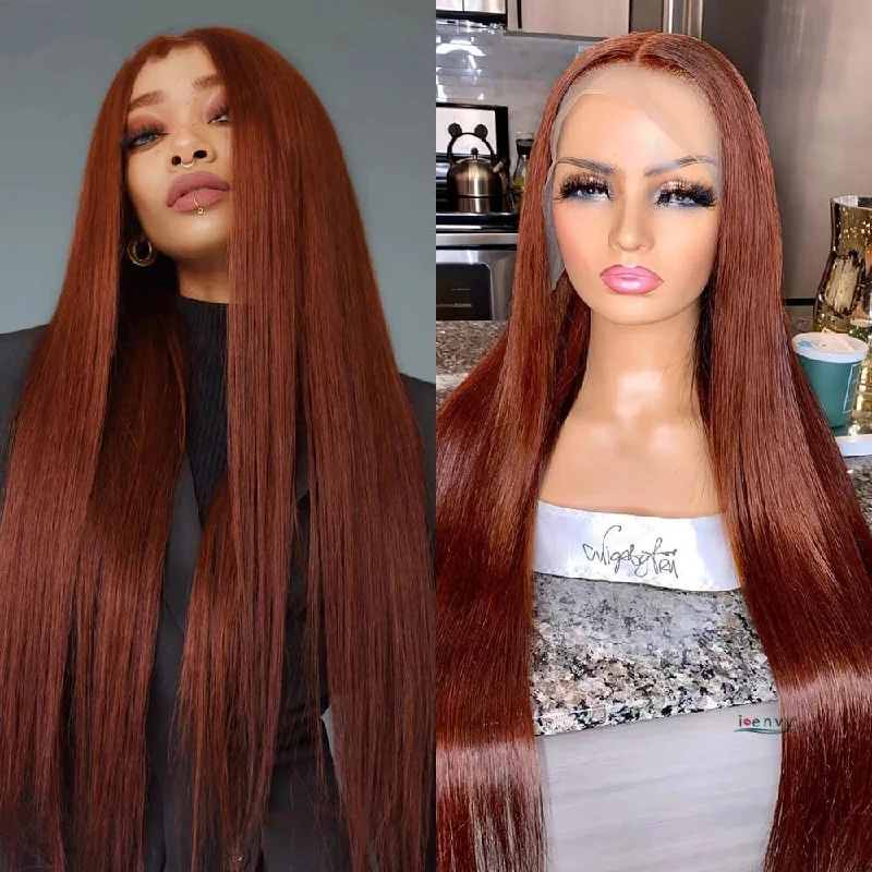 Colored wig with a side - swept bang for a sophisticated lookDachic Hair 5x5 33# Auburn Colored Glueless 5x5 HD Lace Closure Human Hair Wigs Straight Frontal Wigs 180%