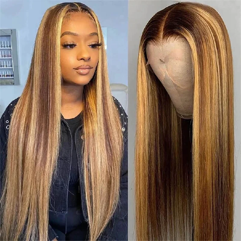 Colored wig with a blue - green ombre effect for a unique and trendy appearanceDachic Hair 5x5 HD Lace Closure Human Hair Wigs 4/27# Highlight Colored Straight Closure Wigs 180%