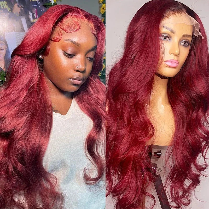 Human - hair colored wig for a natural and luxurious feelDachic Hair 5x5 Lace Closure Human Hair Wigs Body Wave Reddish Burgundy Colored Closure Wigs 180%