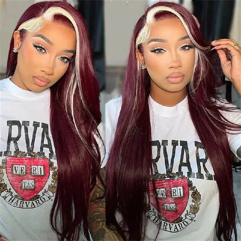 Colored wig with a side - swept bang for a sophisticated lookDachic Hair 99j Red With 613 Blonde Stripe HD 13x4 Lace Front Wig Human Hair Highlight Wigs