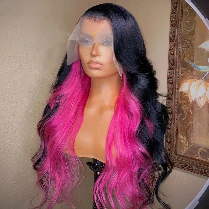 Colored wig with a wispy fringe for a soft and feminine lookDachic Hair Black With Pink 13x4 Body Wave Lace Front Wig Human Hair Wigs