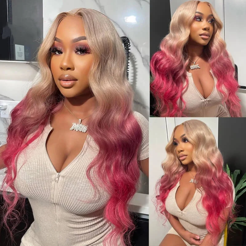 Human - hair colored wig for a natural and luxurious feelDachic Hair Blonde Ombre Pink Body wave 13x4 Lace Front Wigs Brazilian Remy Hair