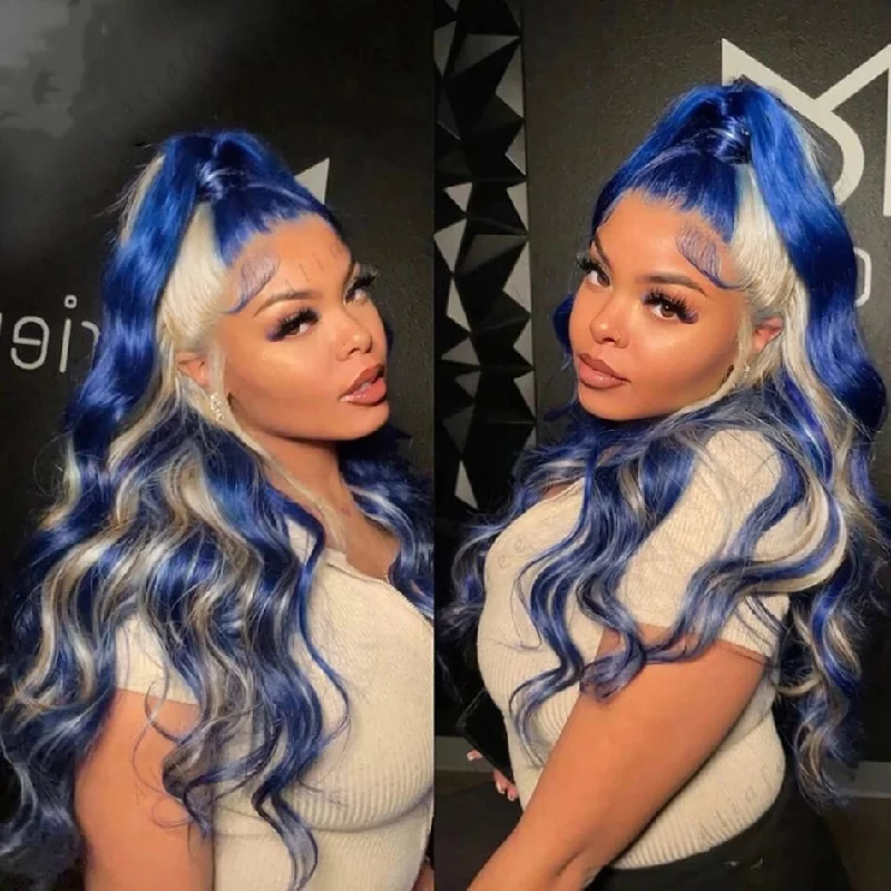 Human - hair colored wig for a natural and luxurious feelDachic Hair Blue With 613 Colored Body Wave 13x4 Lace Front Wigs Human Hair 180% Density