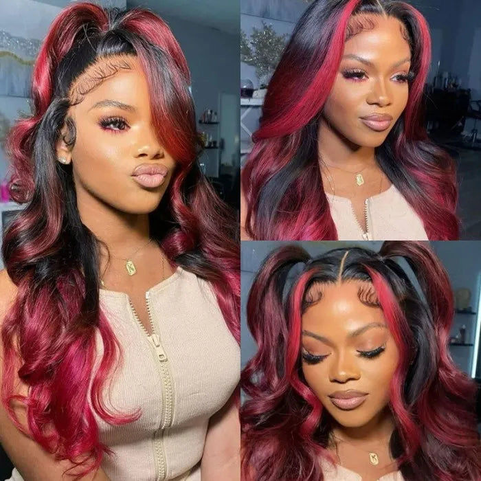 Colored wig with a straight texture for a sleek and minimalist lookDachic Hair Dark Burgundy With Rose Red Highlights 13x4 HD Lace Front Loose Wave Wig180%