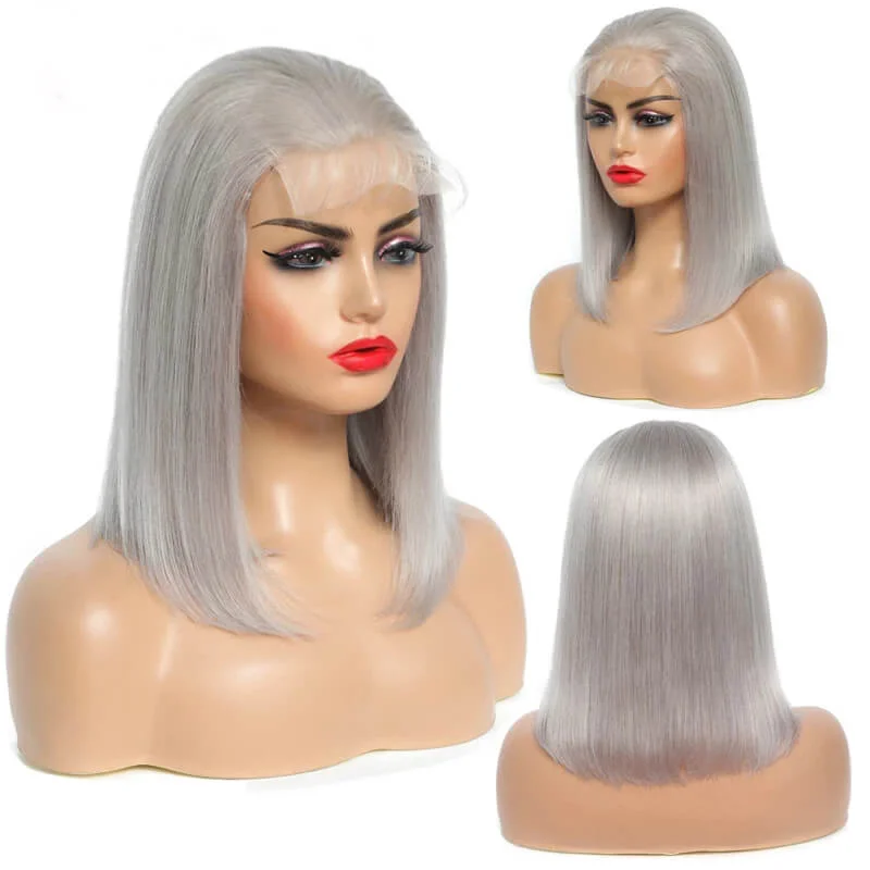 Colored wig with a side - swept bang for a sophisticated lookNo.35 Dachic Hair Grey Bob Straight 13x4 4x4 Lace Frontal Closure Wigs Brazilian Human Hair 180% Density