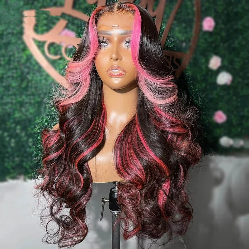 Colored wig with a wispy fringe for a soft and feminine lookDachic Hair 13X4 Lace Front Wig Highlight Pink/Orange Ombre Color Body Wave Human Hair