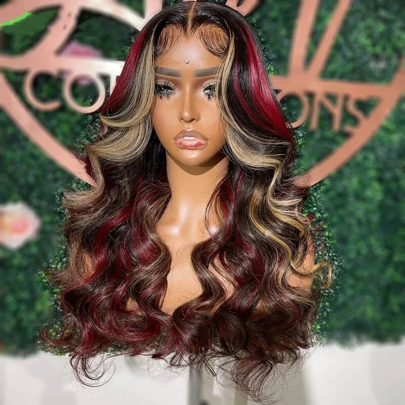 Colored wig with a wavy texture for a beachy and fun lookDachic Hair Highlight Red Blonde Colored Body Wave Human Hair Wig 13x4 5x5 Lace Frontal Closure Wig