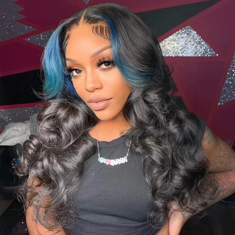 Colored wig with a red - orange hue for a warm and energetic lookDachic Hair Ombre Blue Body Wave 13x4 Lace Frontal Wig Brazilian Human Hair Wigs 180%Density