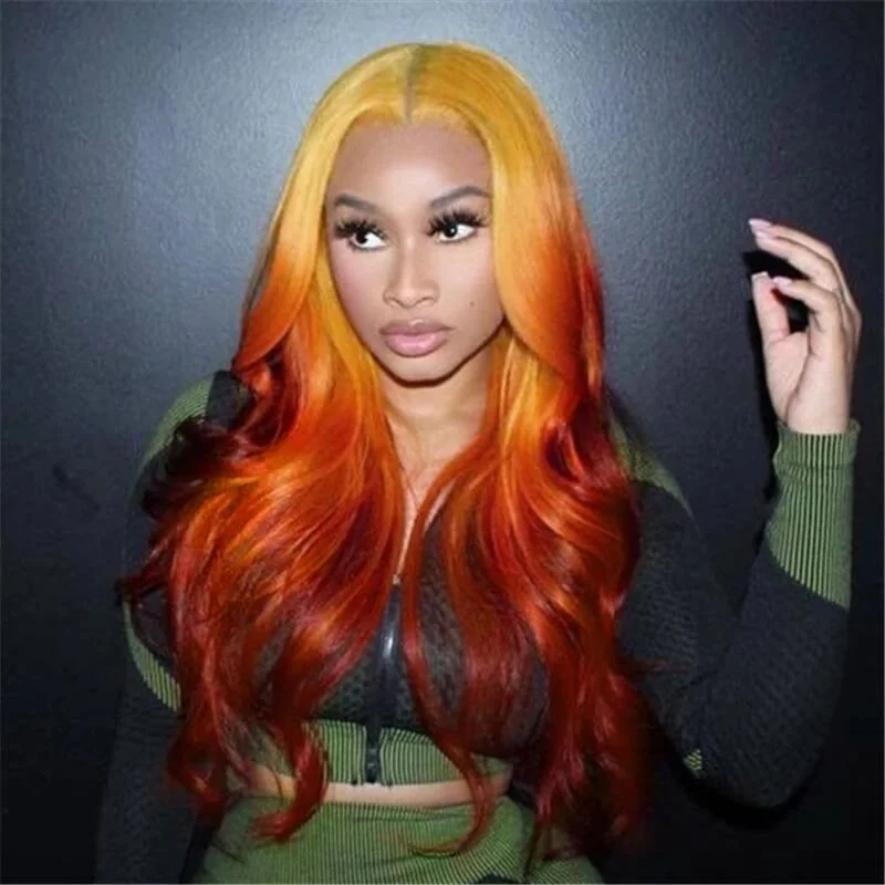 Colored wig with a silk - base cap for a comfortable and smooth feelDachic Hair Ombre Orange 99j Body Wave Human Hair Highlight Ginger 13x4 Lace Front Wig Brazilian Hair 180%