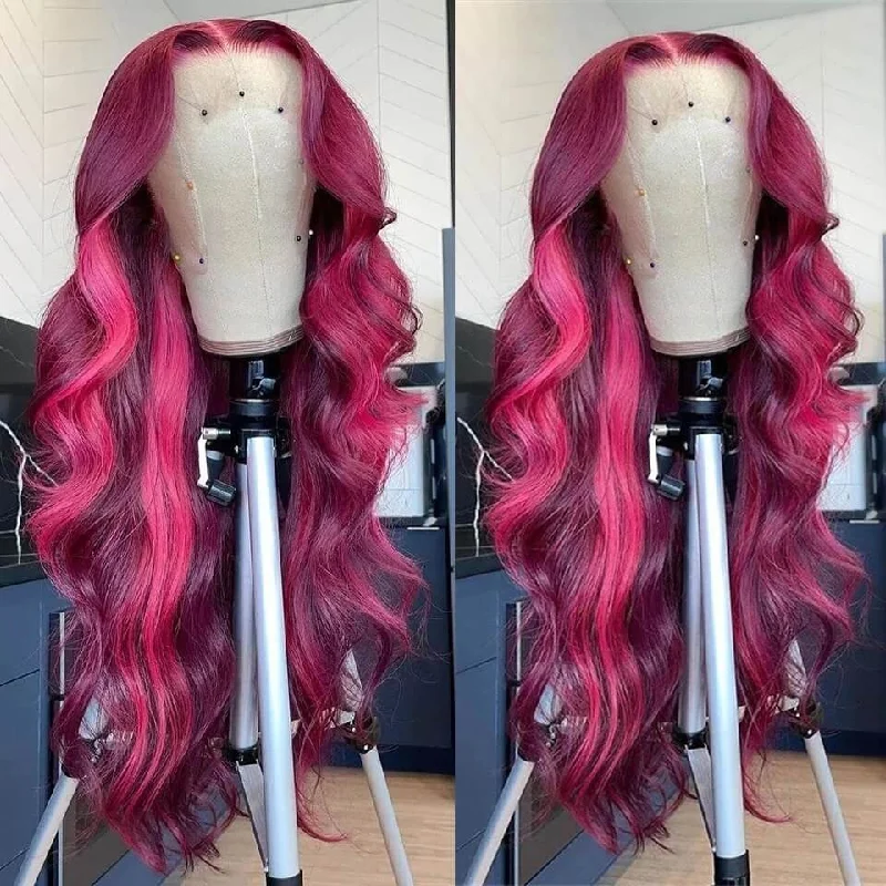 Colored wig with a side - part for a more flattering appearanceDachic Hair Ombre Pink Highlight Color 13X4 Lace Front Wig 180% Density Human Hair