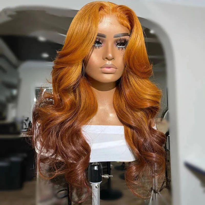 Synthetic colored wig with a heat - resistant formula for easy stylingDachic Hair Orange Brown Ombre Colored 13x4 4x4 Lace Frontal Closure Wigs Pre-Plucked HD Lace Peruvian Body Wave Human Hair Wig 180%