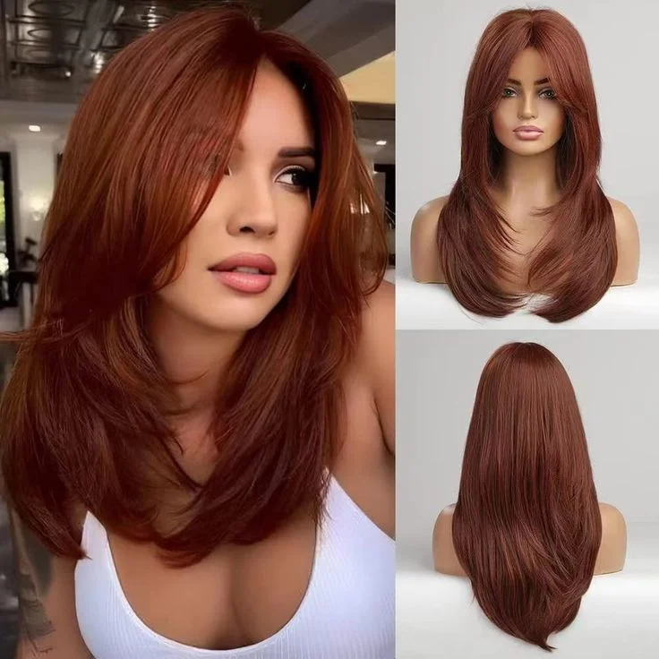 Colored wig with a straight texture for a sleek and minimalist lookDark Auburn/Red Brown 4x4 and 5x5 Lace Closure Straight Wigs with Curtain Bangs for Female