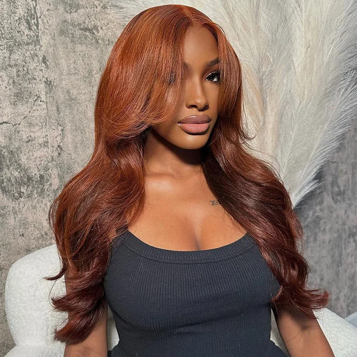 Adjustable - cap colored wig for a comfortable fitDark Auburn/Red Brown Body Wave 5x5 Lace Closure and 13x4 Frontal Wigs with Curtain Bangs