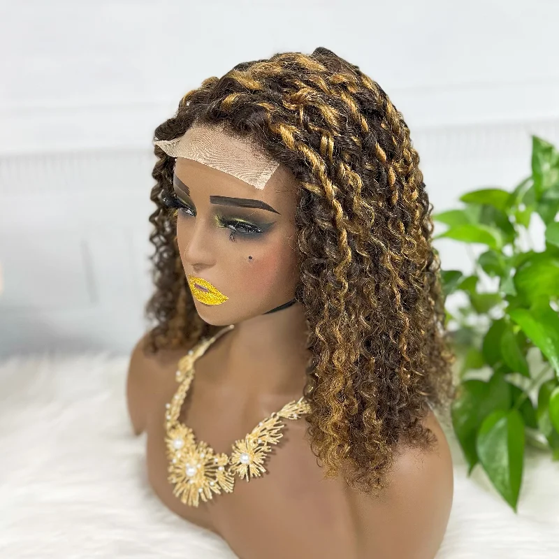 Lace wig with a curly texture for a bold and stylish choiceDouble Drawn 4*4 BOB Lace Wig Pissy Curl  Natural Virgin Human Hair Lace Wigs Color P4/27