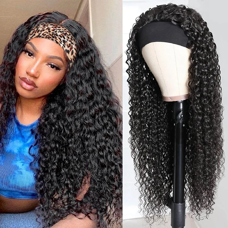 Human - hair wig with a silk - base cap for a comfortable and smooth feelDeep Wave Headband Wigs Glueless Human Hair Wigs 10A Grade 180% Density