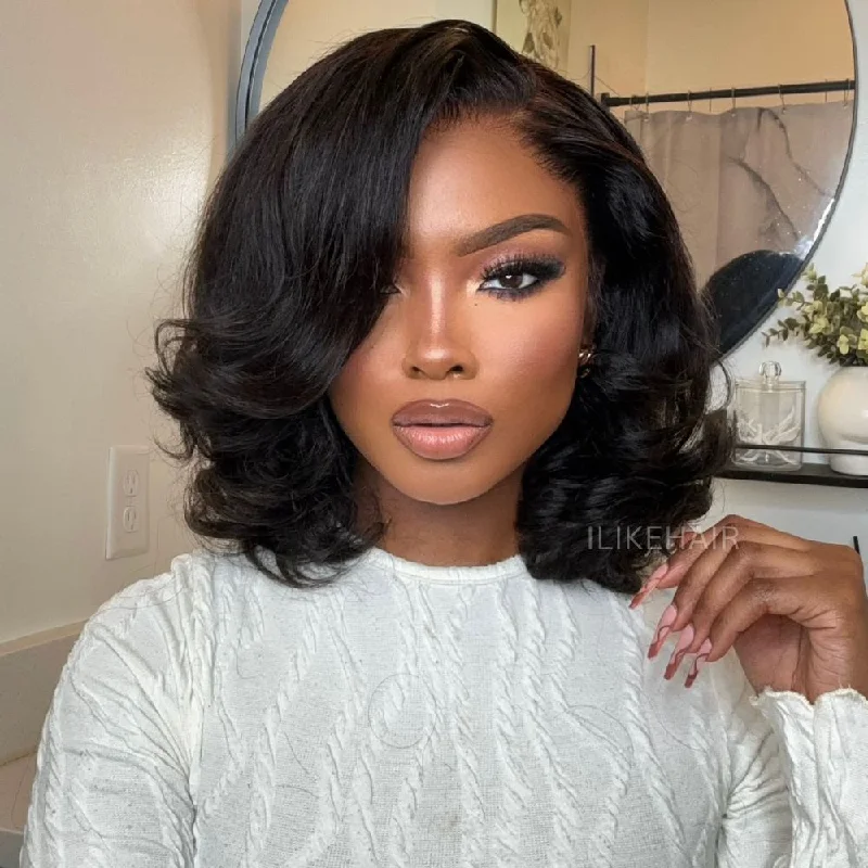 Lace wig with a natural - looking root for a more realistic lookDesigner Layered Bob Short Wavy Lace Wig