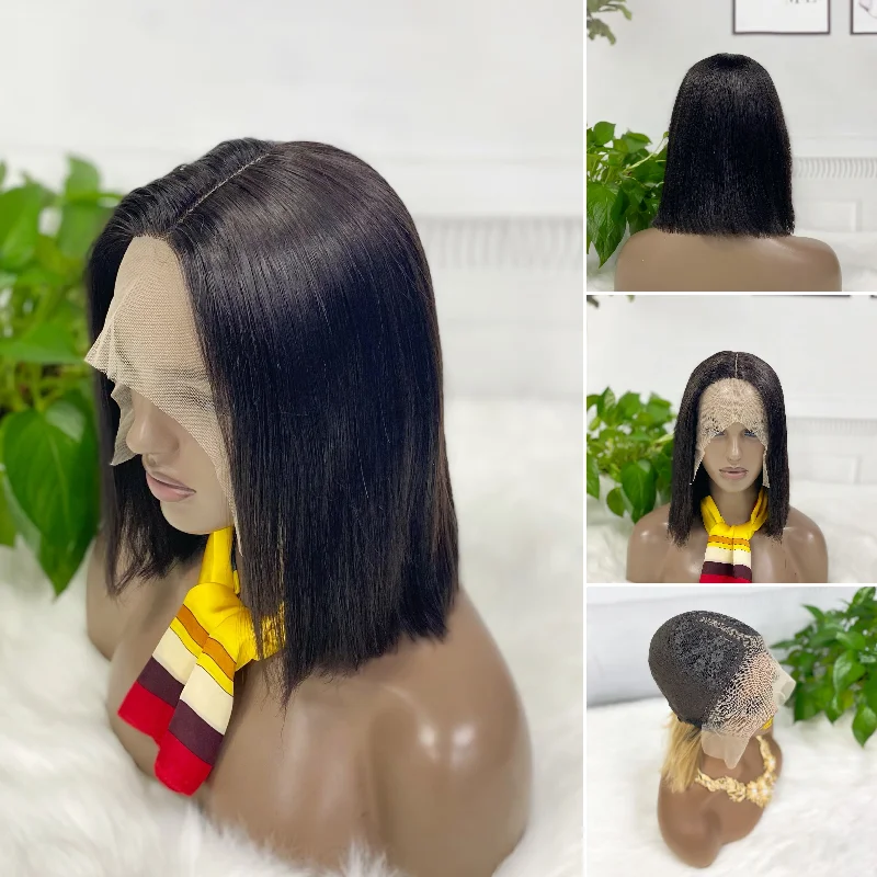 Lace wig with a curly texture for a bold and stylish choiceDouble Drawn T Lace Bob Wig  Human Hair Lace Wig Color NC Straight 200% Density