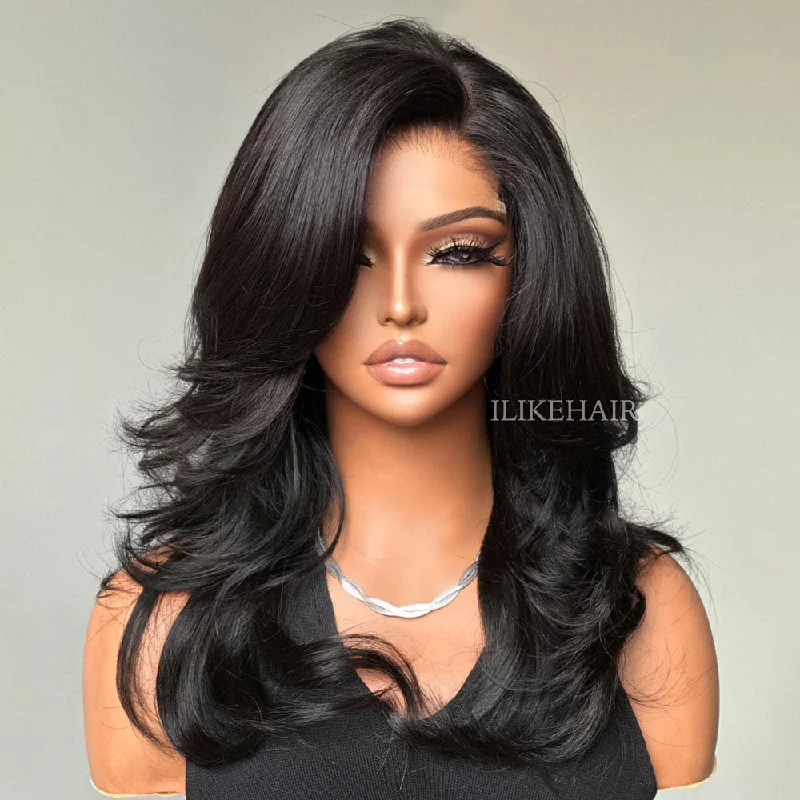 Adjustable - cap lace wig for a comfortable fitElegant Chic Side Part Layered Cut Wavy Glueless Lace Wig