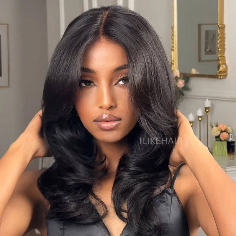 Lace wig with a side - swept bang for a sophisticated lookElegant Put on & Go Layered Wavy Curtain Bangs 4x4 Lace Closure Wig