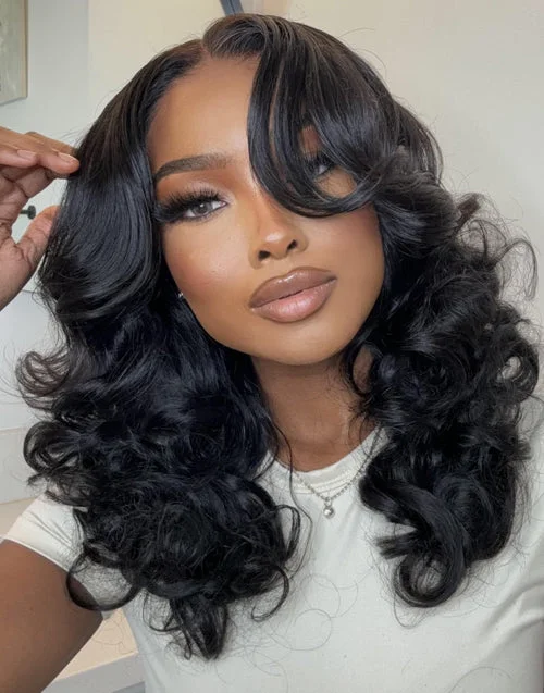 Lace wig with a middle - part for a classic and elegant styleFace Framing Full Bouncy Wavy Human Hair Glueless Wig With Curtain Bangs Pre Cut Lace