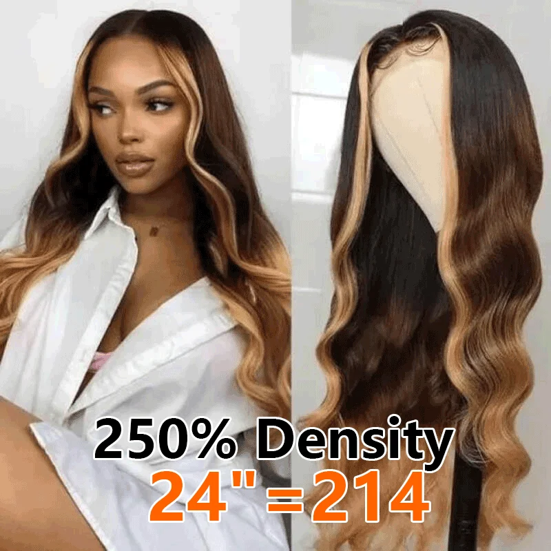 Human - hair wig with a wavy texture for a beachy and relaxed look250% High Density #T1B/4/27 Body Wave 13x6 Full Lace Frontal Human Hair Wigs