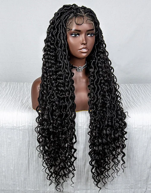 Lace wig with a side - part for a more flattering lookFull Lace Locs Braided Wigs Handmade Knotless Braids Over Hip-Length