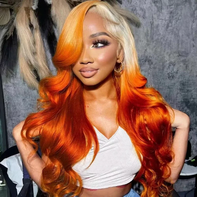 Virgin - human - hair wig with a natural - looking texture for a luxurious feelGinger Blonde Pre Bleached Wig Body Wave Human Hair Wig HD Lace Front Wig